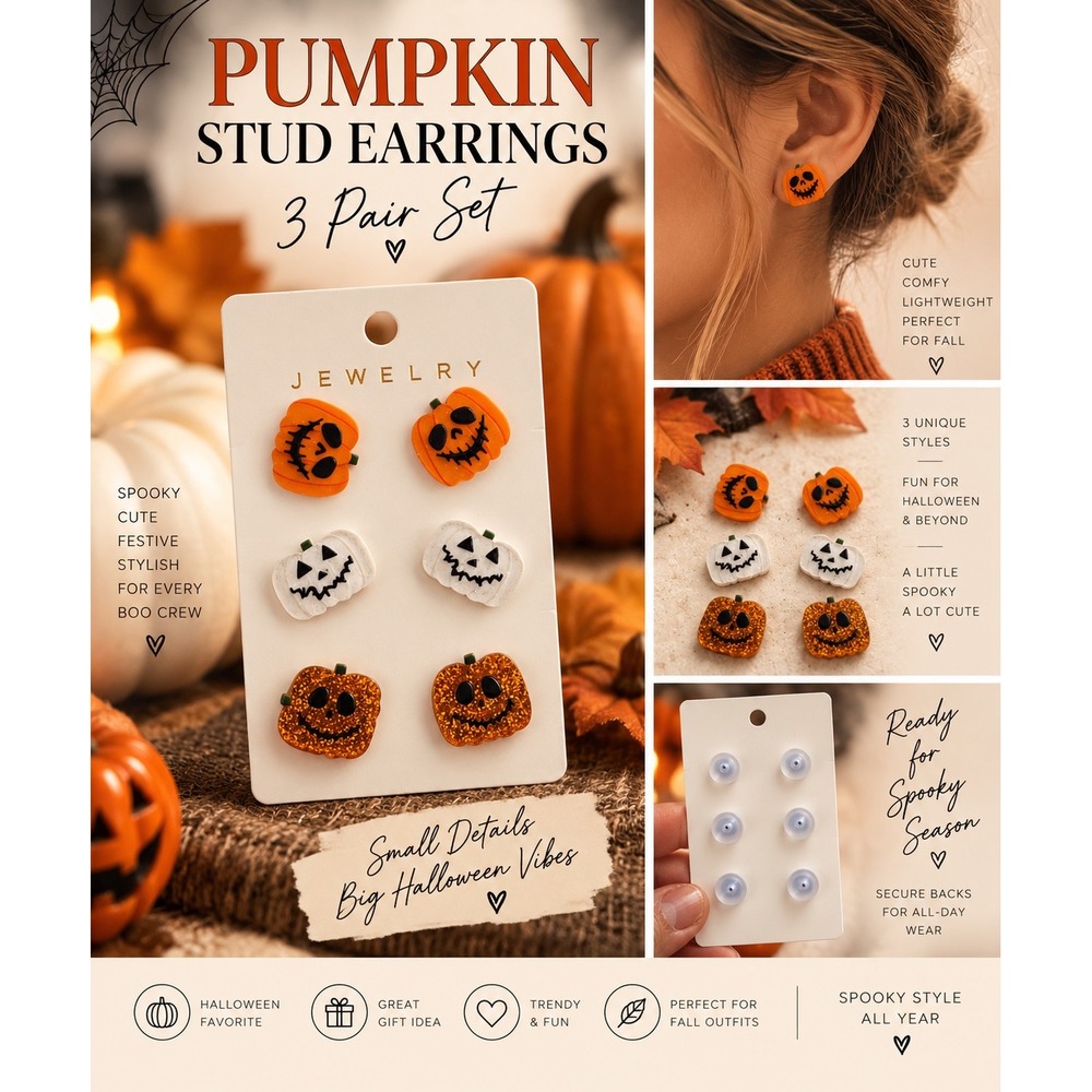 Halloween Pumpkin Stud Earrings 3 Pair Set Spooky Glitter Jack O Lantern